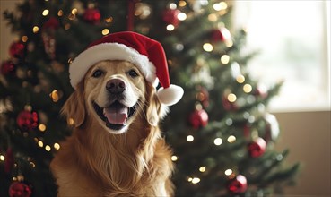 A dog wearing a Santa hat is standing in front of a Christmas tree. The dog appears to be happy and