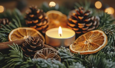 A candle is lit on a wreath of pine cones and orange slices. The orange slices add a pop of color