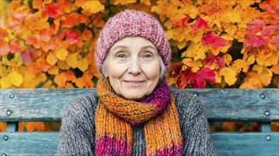 Old woman with colourful knitted hat and scarf sits on a bench in front of autumn-coloured leaves,