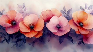 Pink and orange poppies with leaves on a watercolor background, AI generated