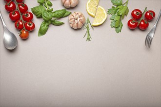 Composition with branch of fresh cherry tomatoes, herbs, garlic cloves, lemon wedges, kitchen spoon