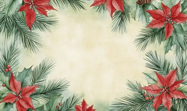 A beautiful Christmas card featuring a red and green border and a red poinsettia in the center. The