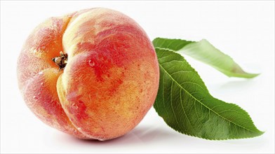 Single fresh peach with a green leaf and dewdrops on a white background, highlighting freshness, AI