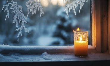 A candle is lit in a glass on a window sill. The candle is surrounded by snow, and the snowflakes