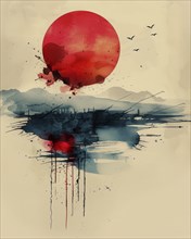 Abstract landscape with a red sun, distant mountains, and birds in a minimalistic watercolor style,