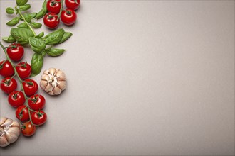 Composition with branch of fresh cherry tomatoes, basil, garlic cloves, lemon wedges, on