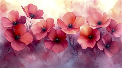 A dreamy watercolor painting of red and pink poppies with a soft, vibrant atmosphere, AI generated