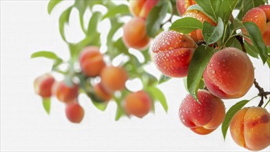 Cluster of peaches hanging on branches, covered in water droplets, AI generated