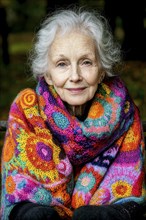 Elderly woman in colourful knitwear sits relaxed outdoors, generated with AI, AI generated