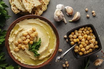 Hummus topped with chickpeas, olive oil and green coriander leaves on stone table with pita bread