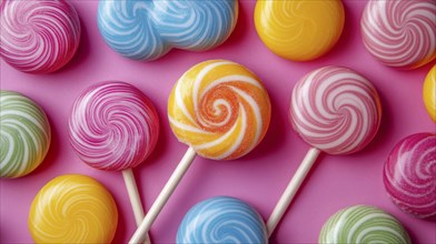 Colorful lollipops with swirls on a pink background, AI generated