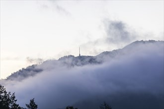 Autumn atmosphere, wafts of mist over a mountain range, Mugel mountain, Leoben, Styria, Austria,