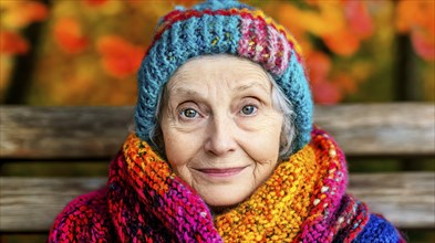 Elderly woman enjoying autumn in colourful clothes, generated with AI, AI generated