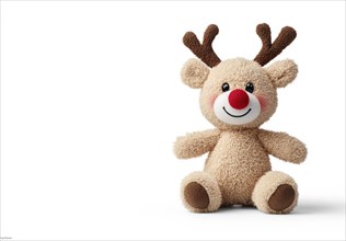 A cute reindeer plush with antlers, a red nose, and a cheerful smile, isolated on a transparent