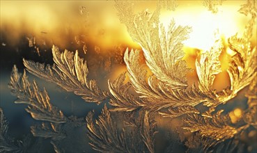 A frosty leafy branch with a sun in the background. The sun is setting and the frost is covering