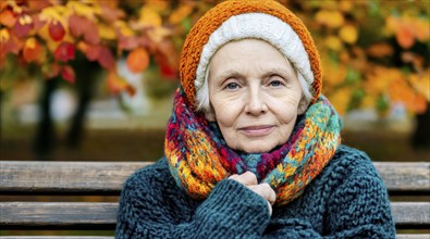 Senior citizen with colourful knitted hat and scarf sits warmly wrapped up on a bench in autumn,