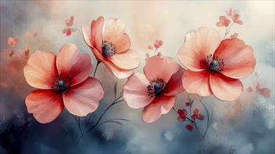 Light pink poppies with leaves in a serene watercolor style, AI generated