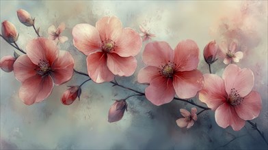 Cherry blossoms on a branch with a soft watercolor background, AI generated