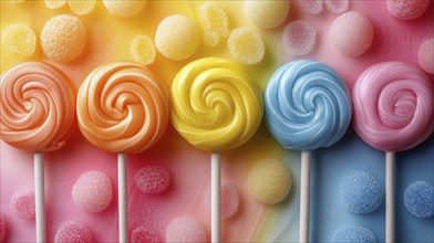 Colorful lollipop swirls with rainbow tones and gumdrops on a colorful background, AI generated