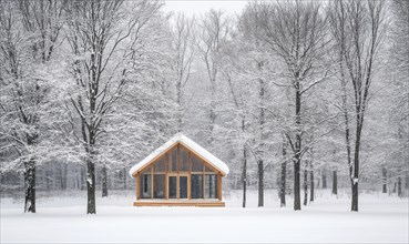 A small cabin is surrounded by trees covered in snow. The cabin is the only structure visible in