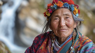 Woman wearing a vibrant traditional dress and floral headpiece, smiling near a waterfall, AI