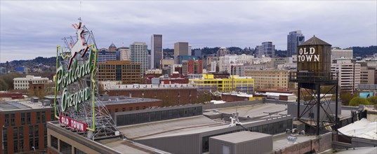 A deer is depicted jumping over Old Town Portland Oregon USA