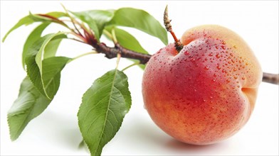 Isolated peach with green leaves and water droplets, emphasizing simplicity, AI generated