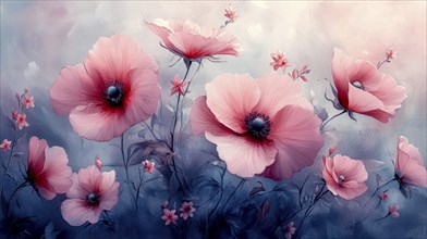 Pink poppies in a soft, atmospheric watercolor environment, AI generated