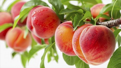 Ripe peaches hanging from a branch with green leaves, showcasing a vibrant summer scene, AI