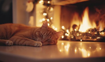 A cat is sleeping on a table next to a fireplace. The cat is orange and has a peaceful expression.