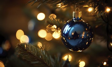 A blue Christmas ornament hanging from a tree. The light from the tree and the ornament create a