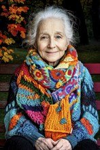 Elderly woman sits on a bench in colourful knitted clothes against an autumnal backdrop, generated