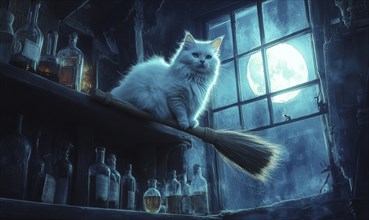 Fluffy white cat perched on a floating broomstick, broom bristles glowing faintly AI generated