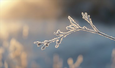 A frosty branch with a sun in the background. The sun is setting and the branch is covered in frost