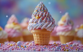 Ice cream cone with pastel sprinkles and bokeh background, AI generated