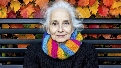 A senior citizen sits in front of an autumnal leafy background in colourful knitwear, generated