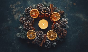 A wreath of pinecones and oranges with a lit candle in the center. The candle is surrounded by the