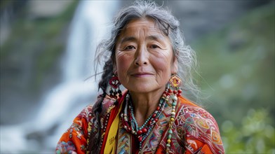 Woman in traditional colorful attire with earrings and necklace, standing by a waterfall, smiling,