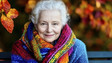 Elderly woman with colourful knitted scarf and friendly smile in front of autumnal nature,