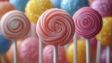 Vibrant lollipops with swirls in various colors in focus among others, AI generated