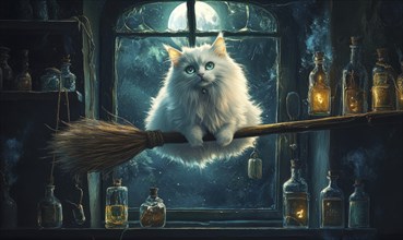 Fluffy white cat perched on a floating broomstick, broom bristles glowing faintly AI generated