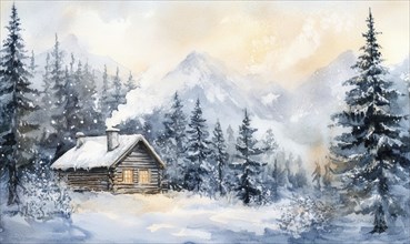 A cabin in the woods with a chimney and a fireplace. The cabin is surrounded by trees and snow. The