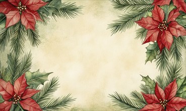 A Christmas card with a red poinsettia and green branches. The card is white and has a frame around