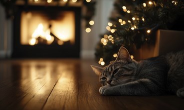 A cat is laying on a wooden floor in front of a fireplace. The cat appears to be relaxed and