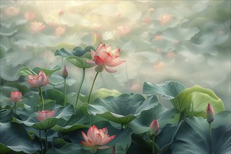 Delicate composition of bright pink lotus flowers with soft green leaves. The background has a