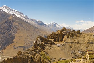 The stunning Dhankar cliff old monastery in Spiti Valley amongst the mountains of the Himalayas in