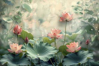 Delicate composition of bright pink lotus flowers with soft green leaves. The background has a