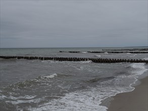 Coastline with waves crashing against wooden groynes under a cloudy sky, ahrenshoop, zingst, Baltic