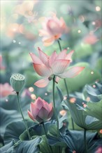 Delicate composition of bright pink lotus flowers with soft green leaves. The background has a