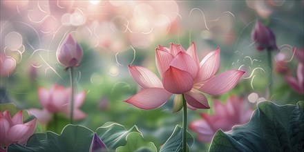 Delicate composition of bright pink lotus flowers with soft green leaves. The background has a